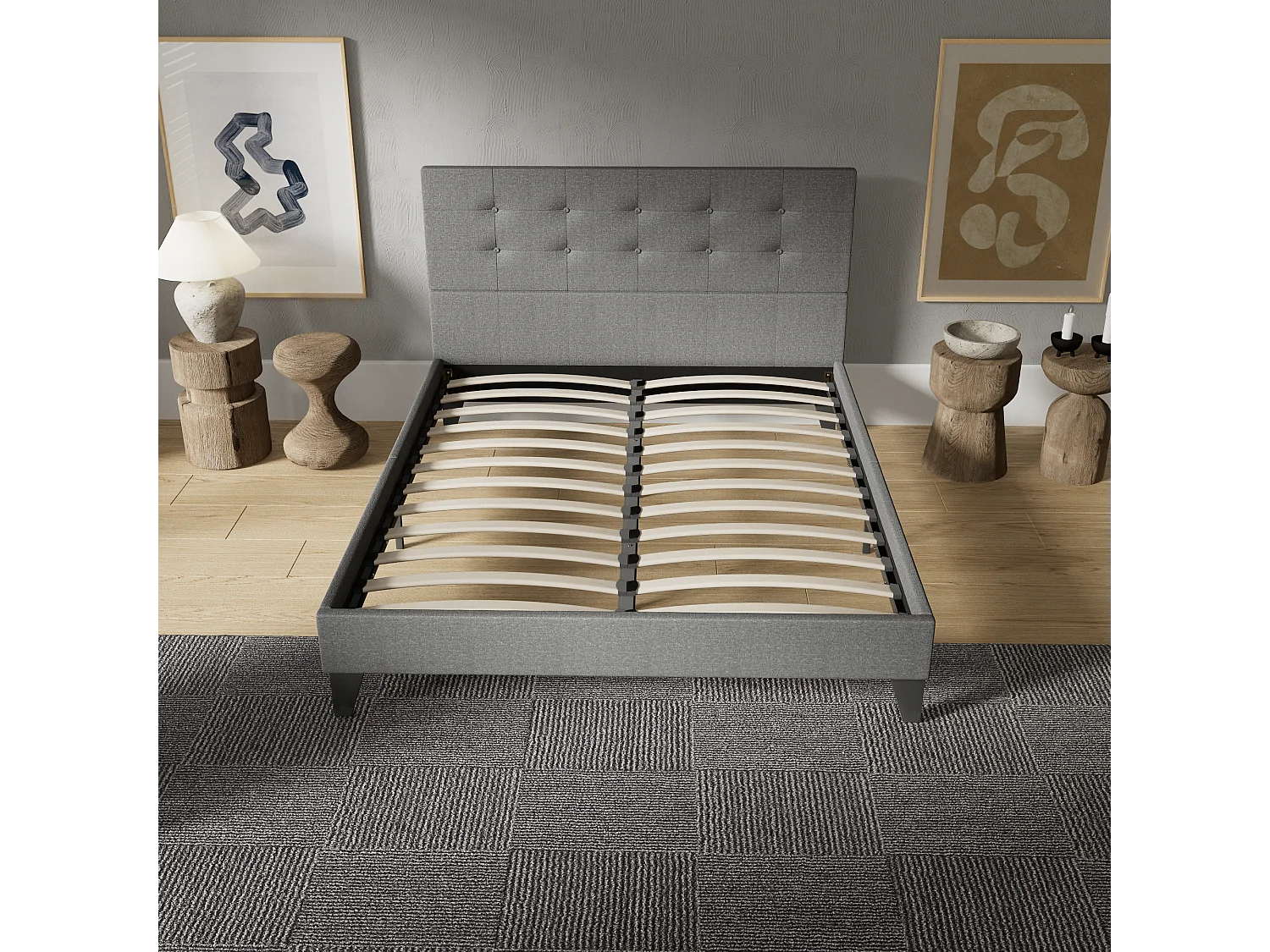 Lit 140x200 cm avec tête de lit tissu couleur gris