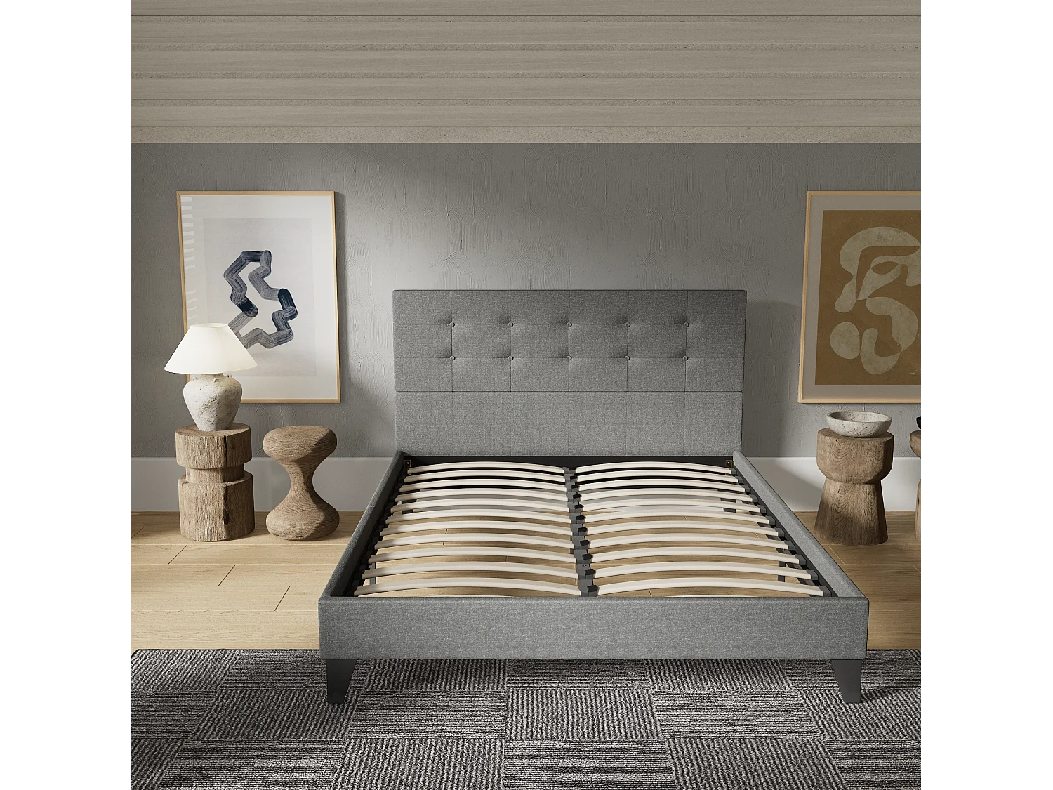 Lit 140x200 cm avec tête de lit tissu couleur gris