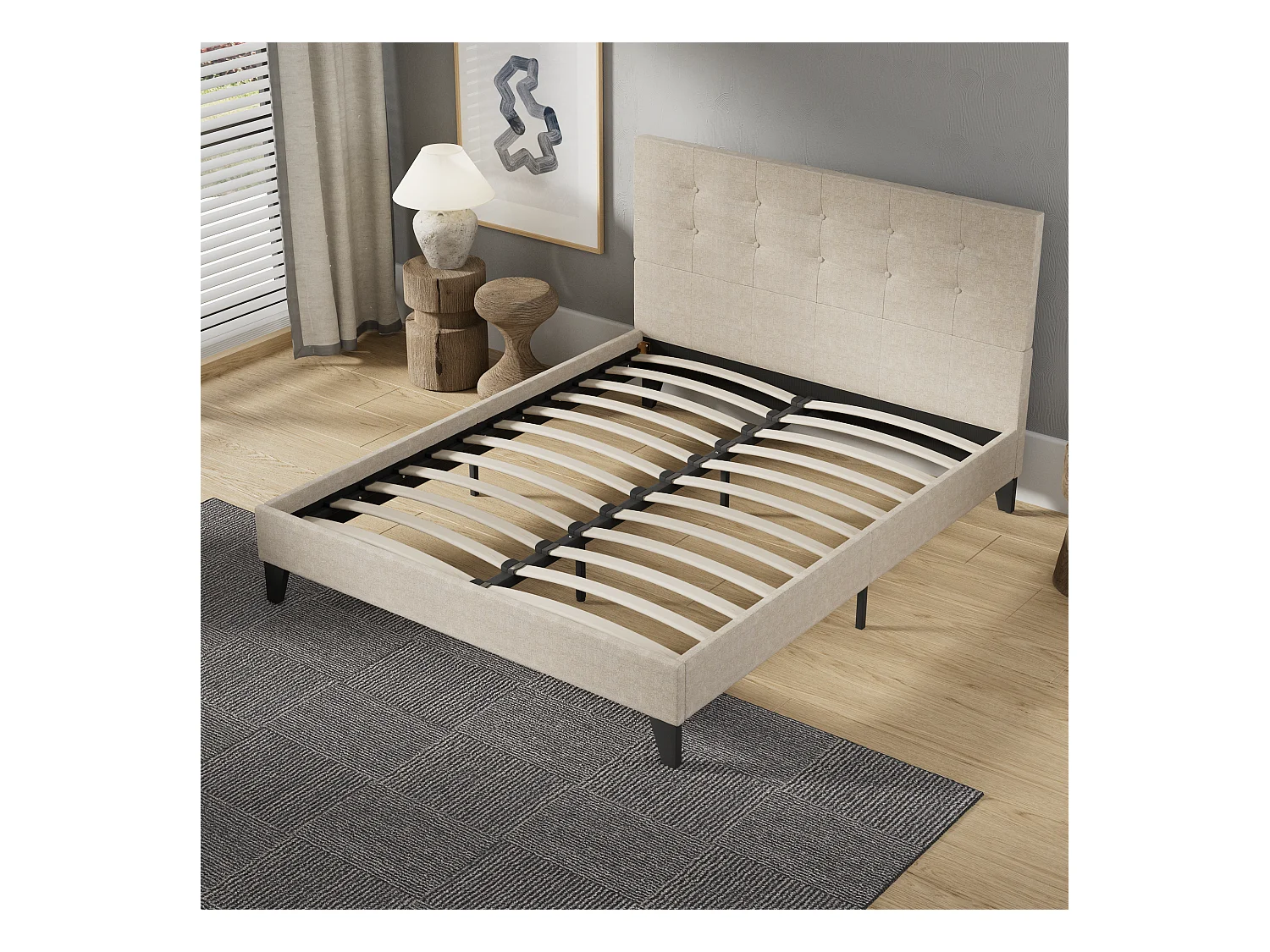 Lit 140x190 cm avec tête de lit tissu couleur lin