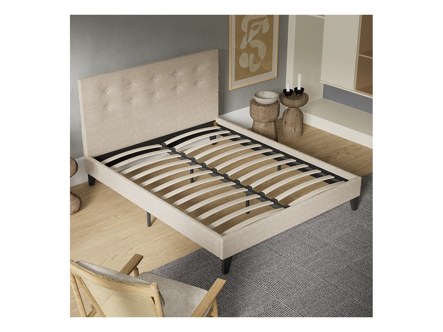 Lit 140x190 cm avec tête de lit tissu couleur lin