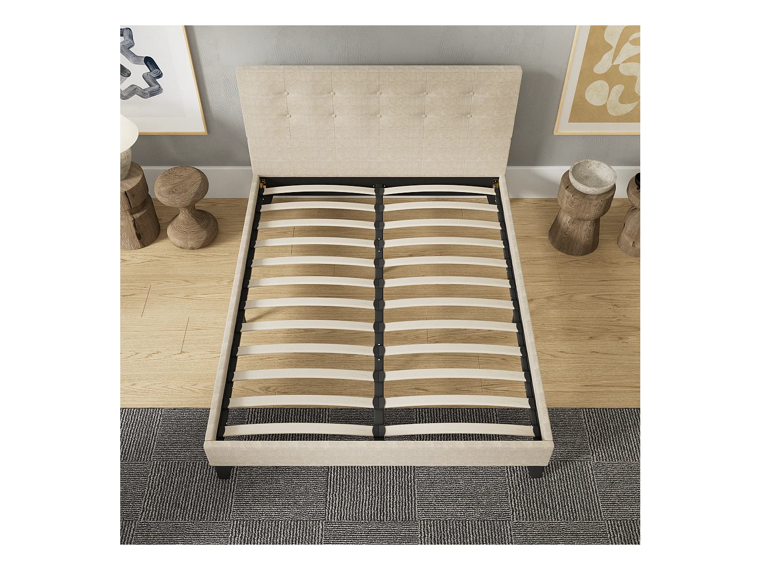 Lit 140x190 cm avec tête de lit tissu couleur lin