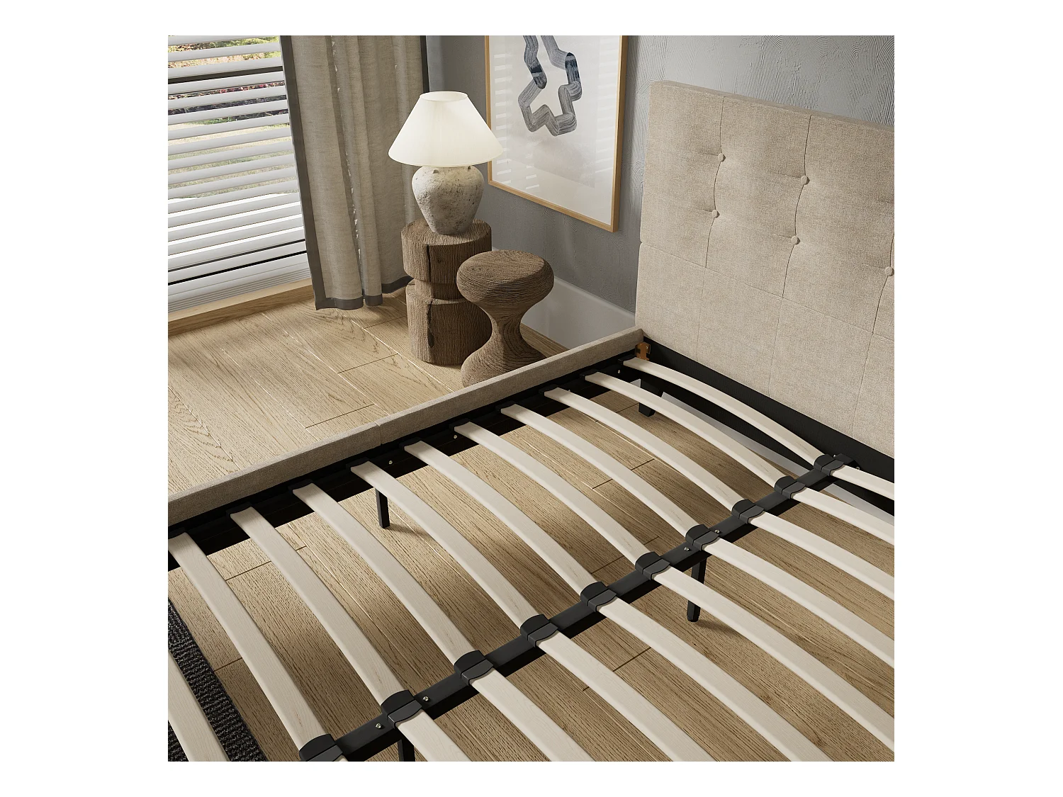 Lit 140x190 cm avec tête de lit tissu couleur lin