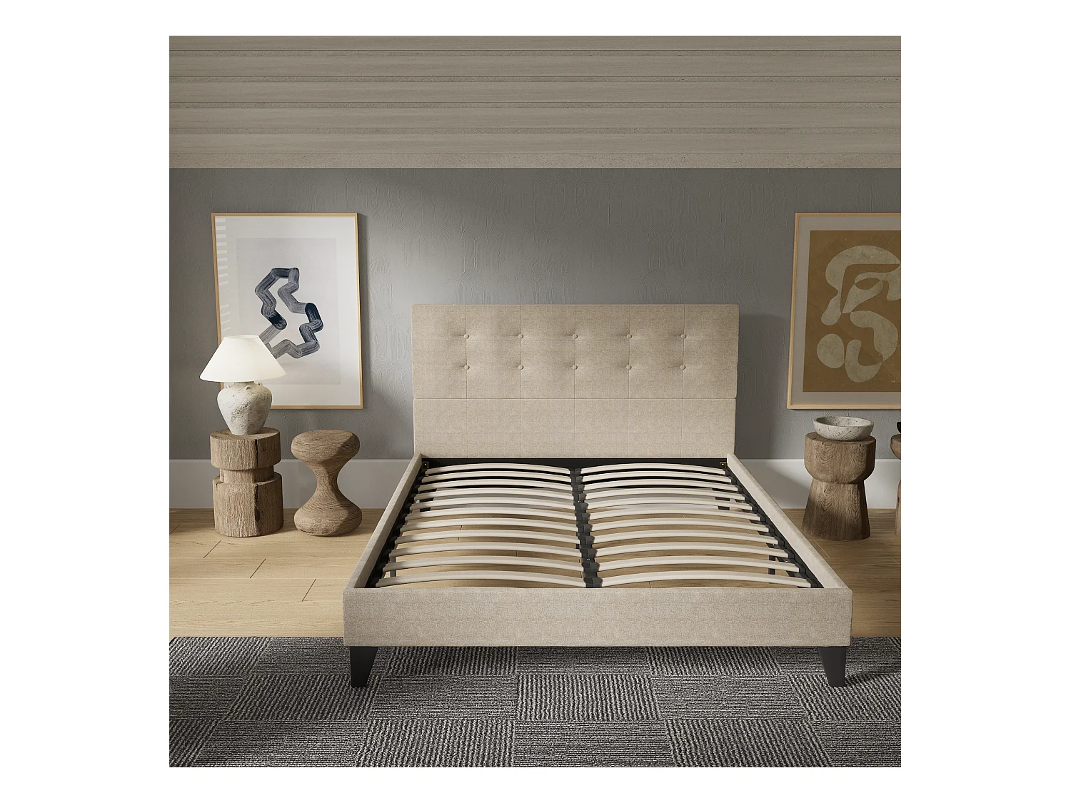 Lit 140x190 cm avec tête de lit tissu couleur lin