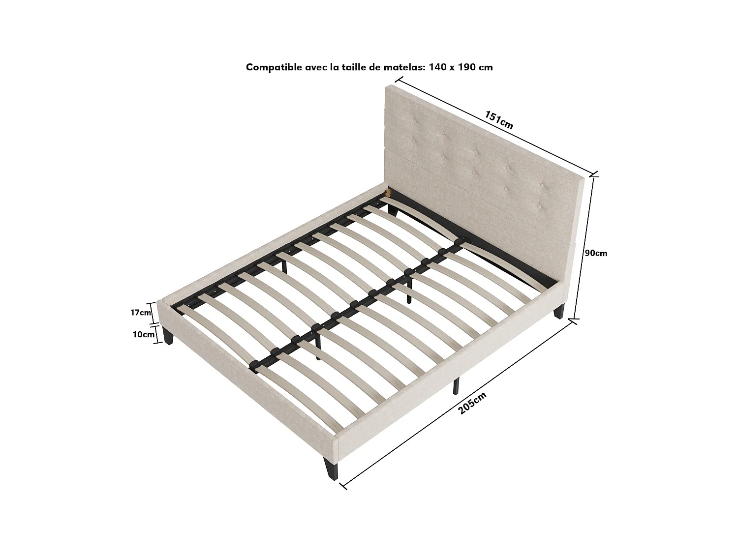 Lit 140x190 cm avec tête de lit tissu couleur lin