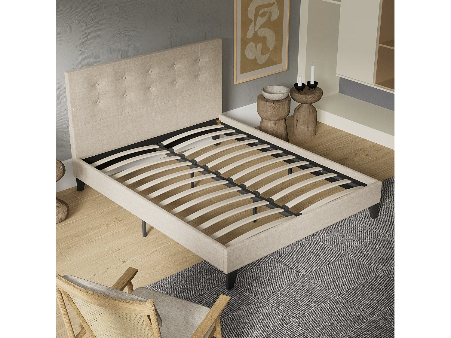 Lit 140x190 cm avec tête de lit tissu couleur lin