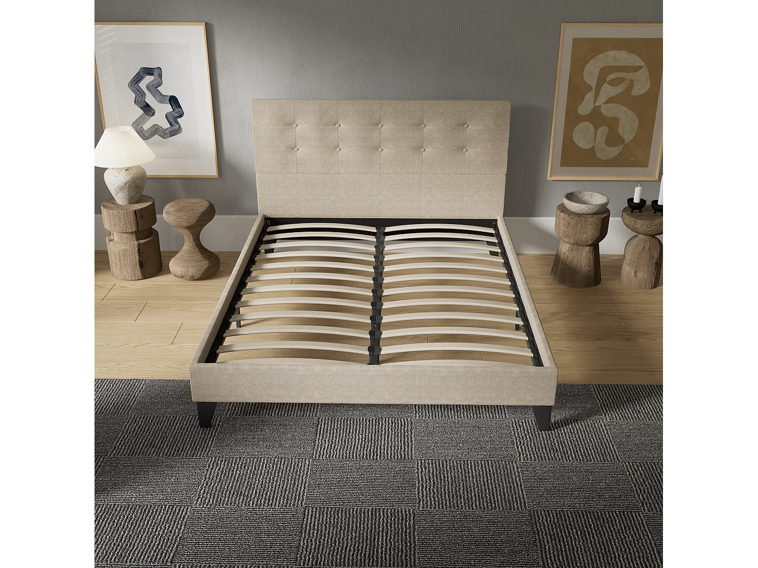 Lit 140x190 cm avec tête de lit tissu couleur lin