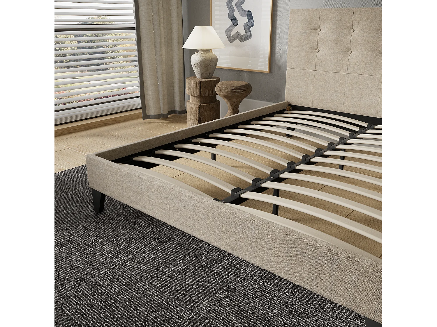 Lit 140x190 cm avec tête de lit tissu couleur lin