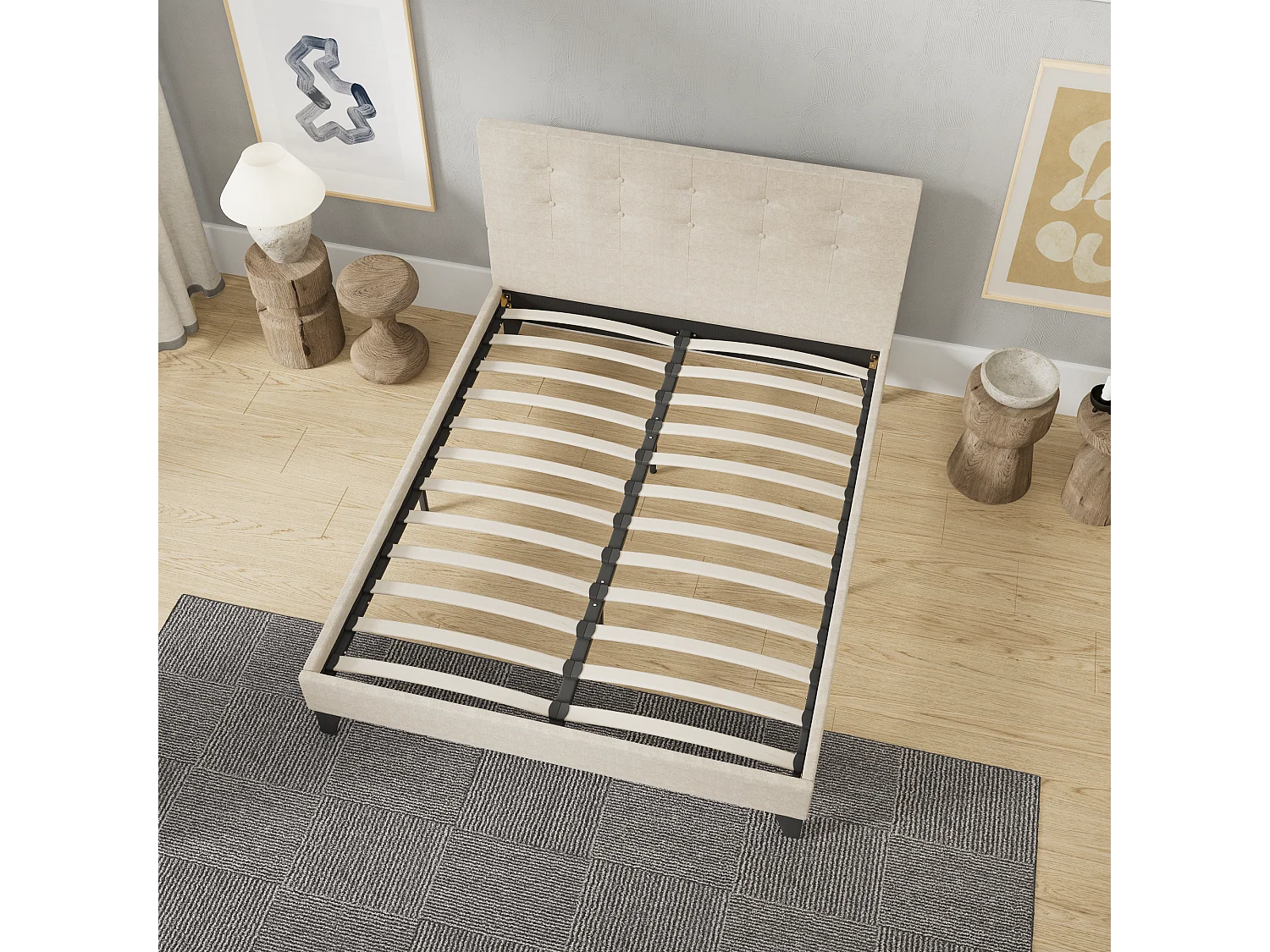 Lit 140x190 cm avec tête de lit tissu couleur lin