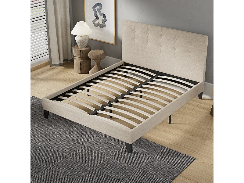 Lit 140x190 cm avec tête de lit tissu couleur lin