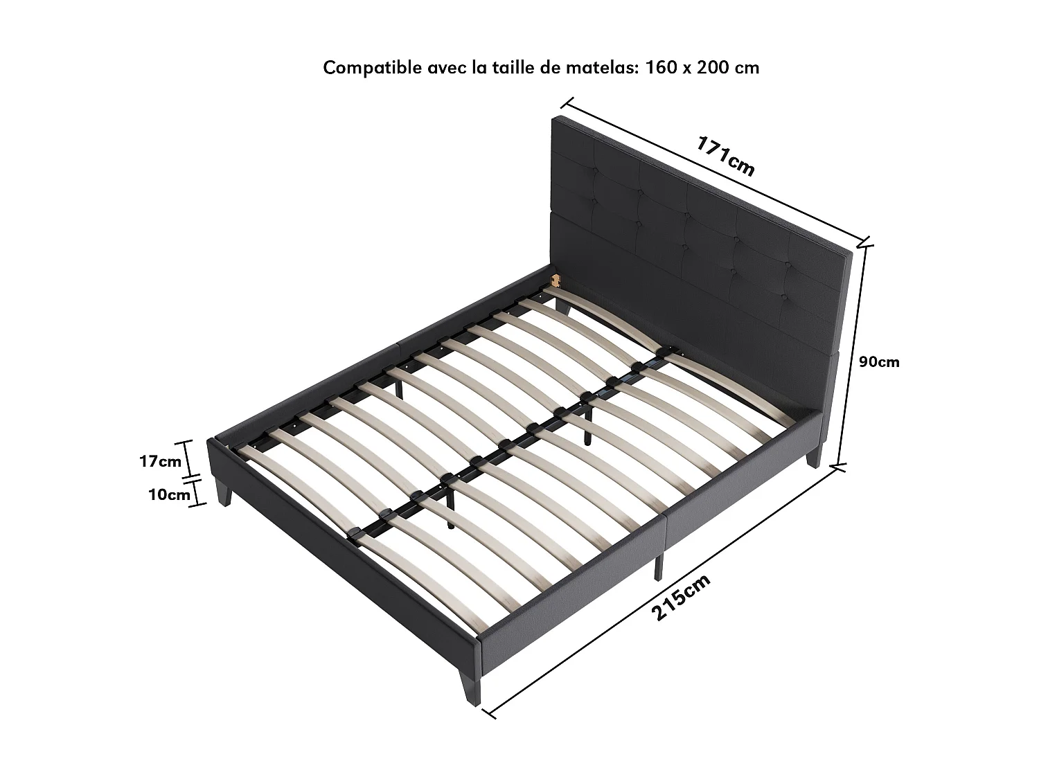 Lit 160x200 cm avec tête de lit tissu couleur noir