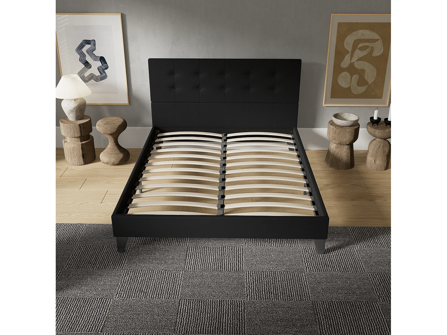 Lit 160x200 cm avec tête de lit tissu couleur noir