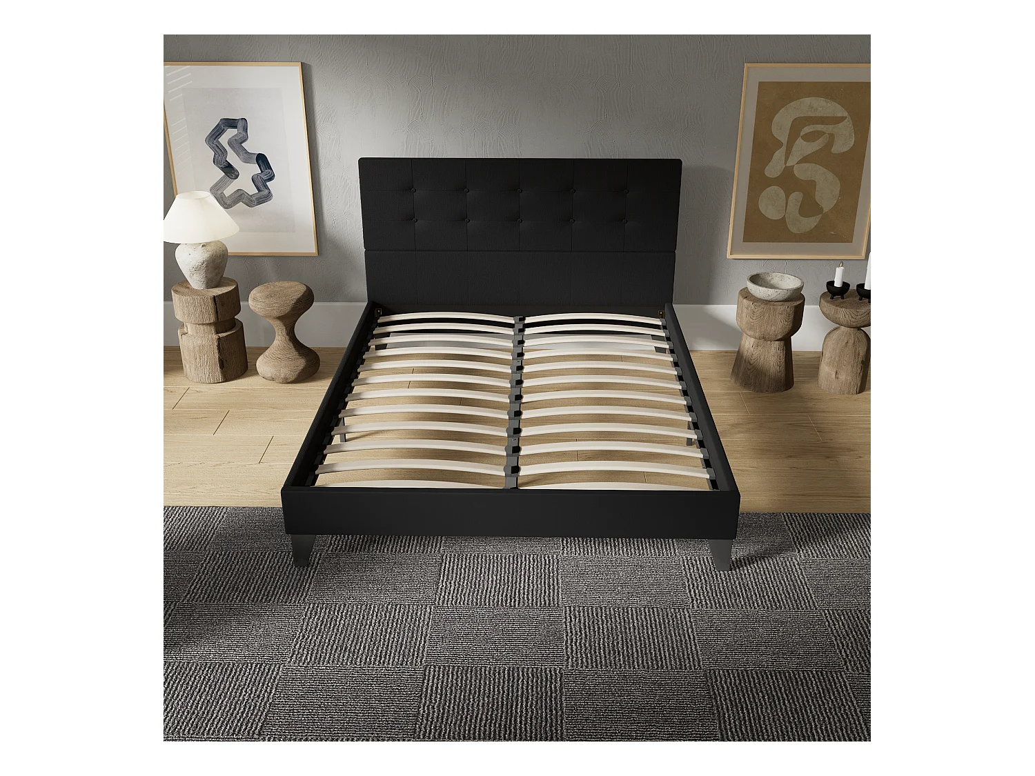 Lit 140x190 cm avec tête de lit tissu couleur noir