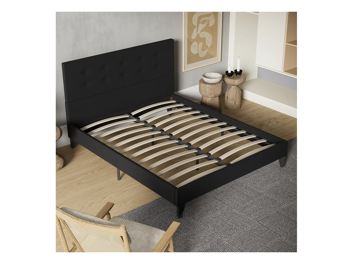 Lit 140x190 cm avec tête de lit tissu couleur noir