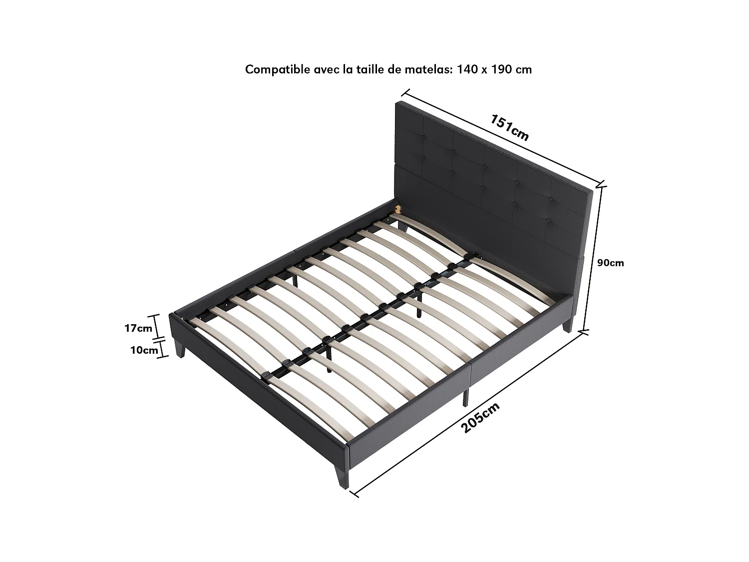 Lit 140x190 cm avec tête de lit tissu couleur noir