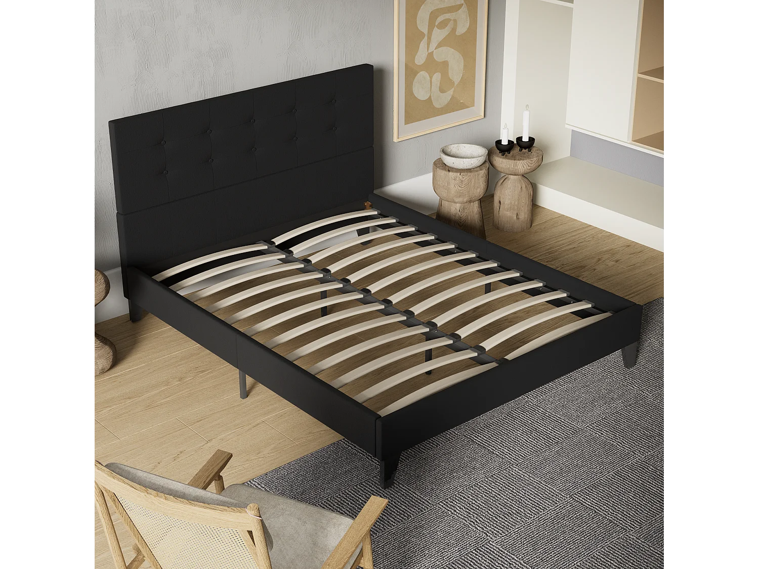 Lit 140x190 cm avec tête de lit tissu couleur noir