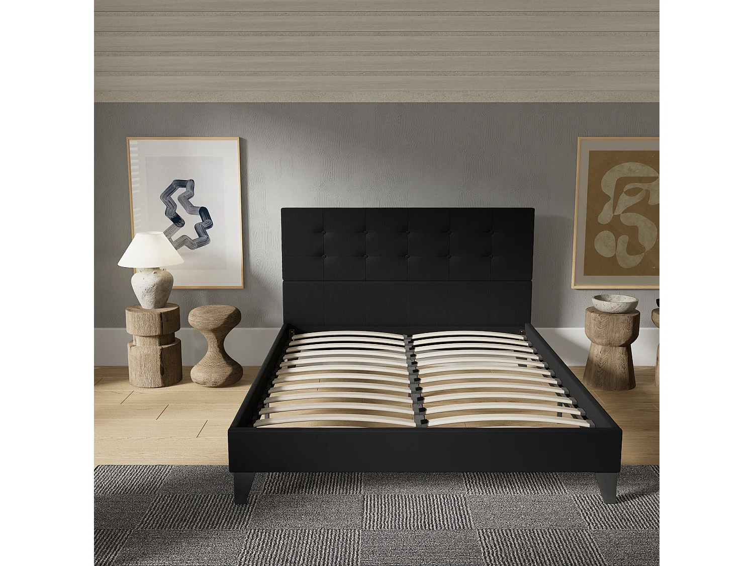 Lit 140x190 cm avec tête de lit tissu couleur noir
