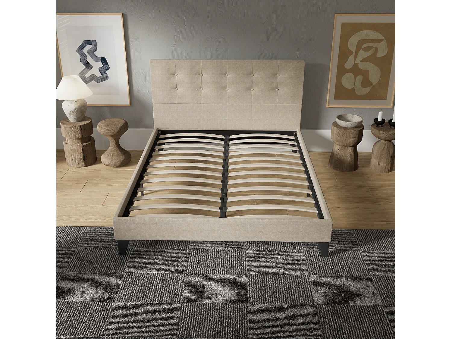 Lit 160x200 cm avec tête de lit tissu couleur lin