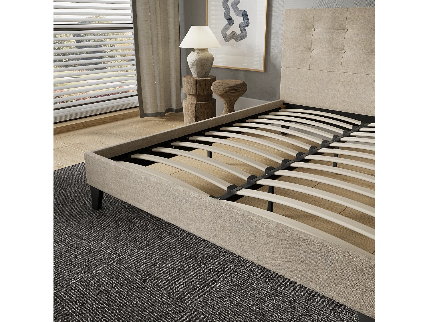 Lit 160x200 cm avec tête de lit tissu couleur lin