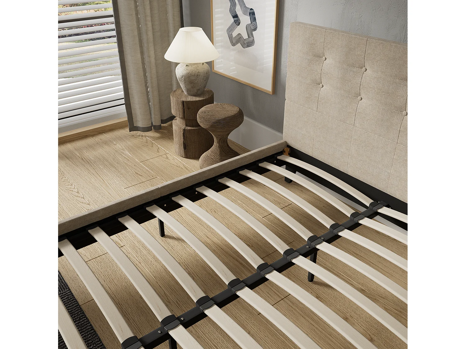 Lit 160x200 cm avec tête de lit tissu couleur lin