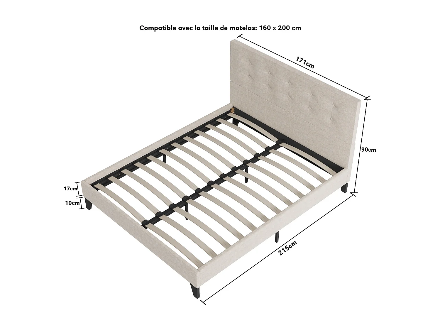 Lit 160x200 cm avec tête de lit tissu couleur lin