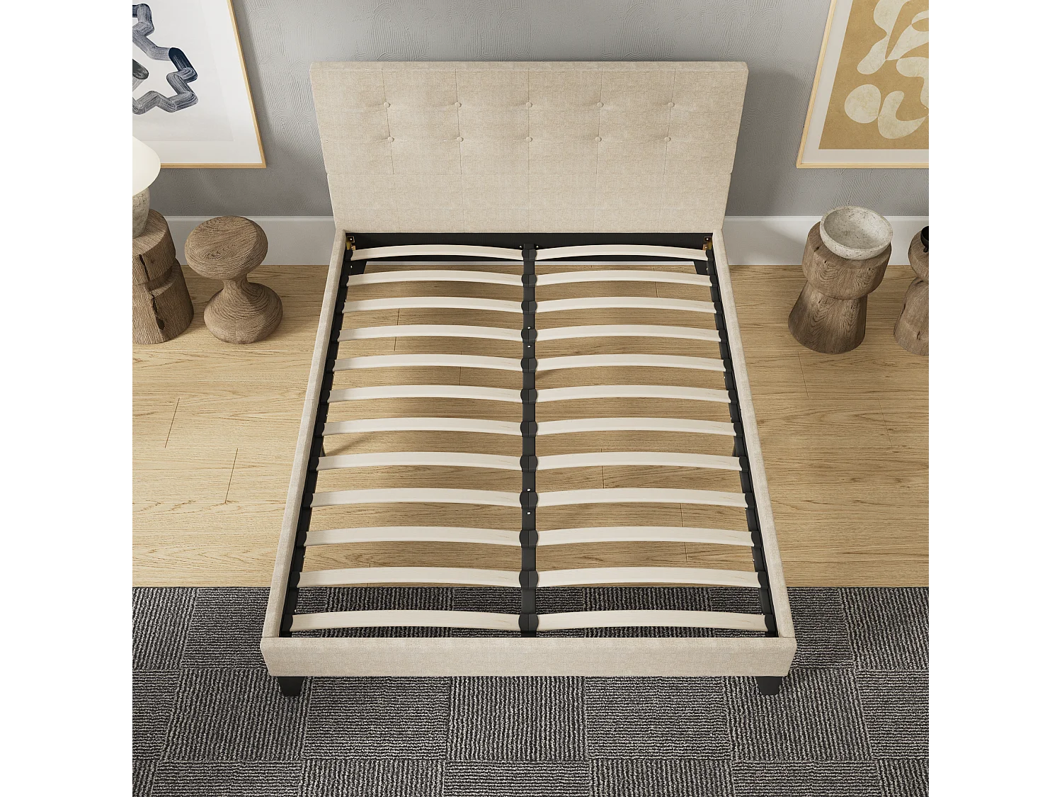 Lit 160x200 cm avec tête de lit tissu couleur lin