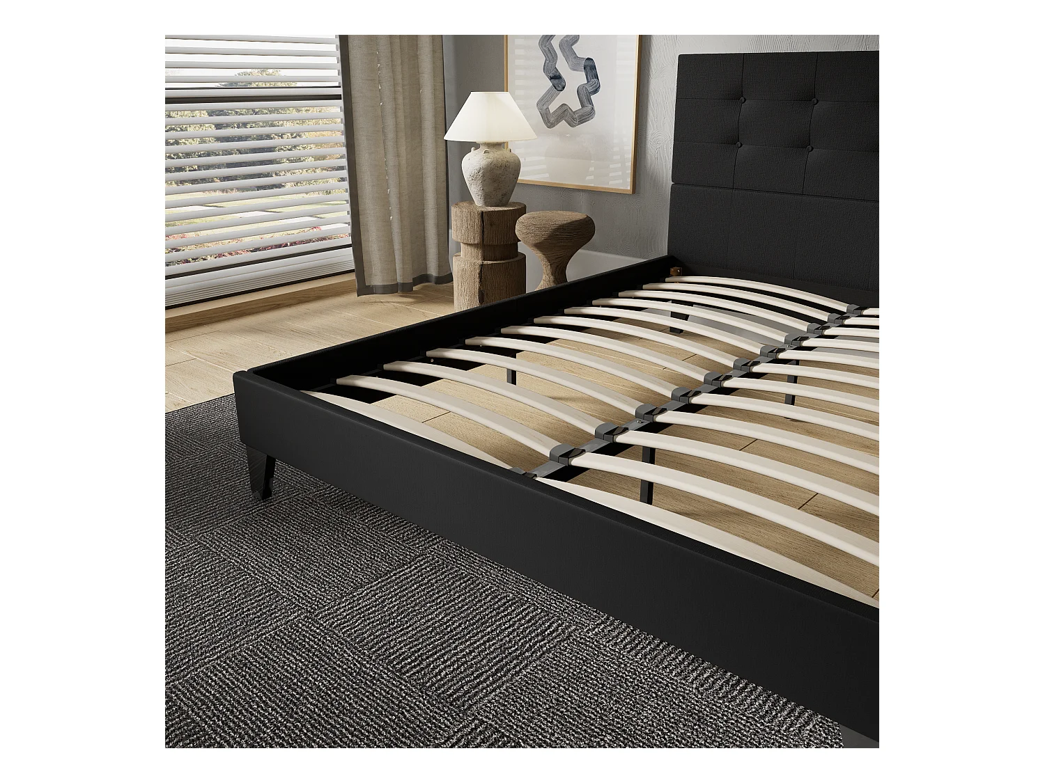 Lit 140x200 cm avec tête de lit tissu couleur noir