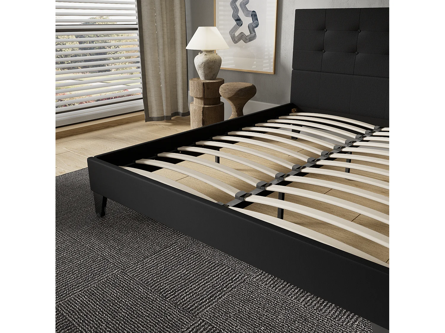 Lit 140x200 cm avec tête de lit tissu couleur noir