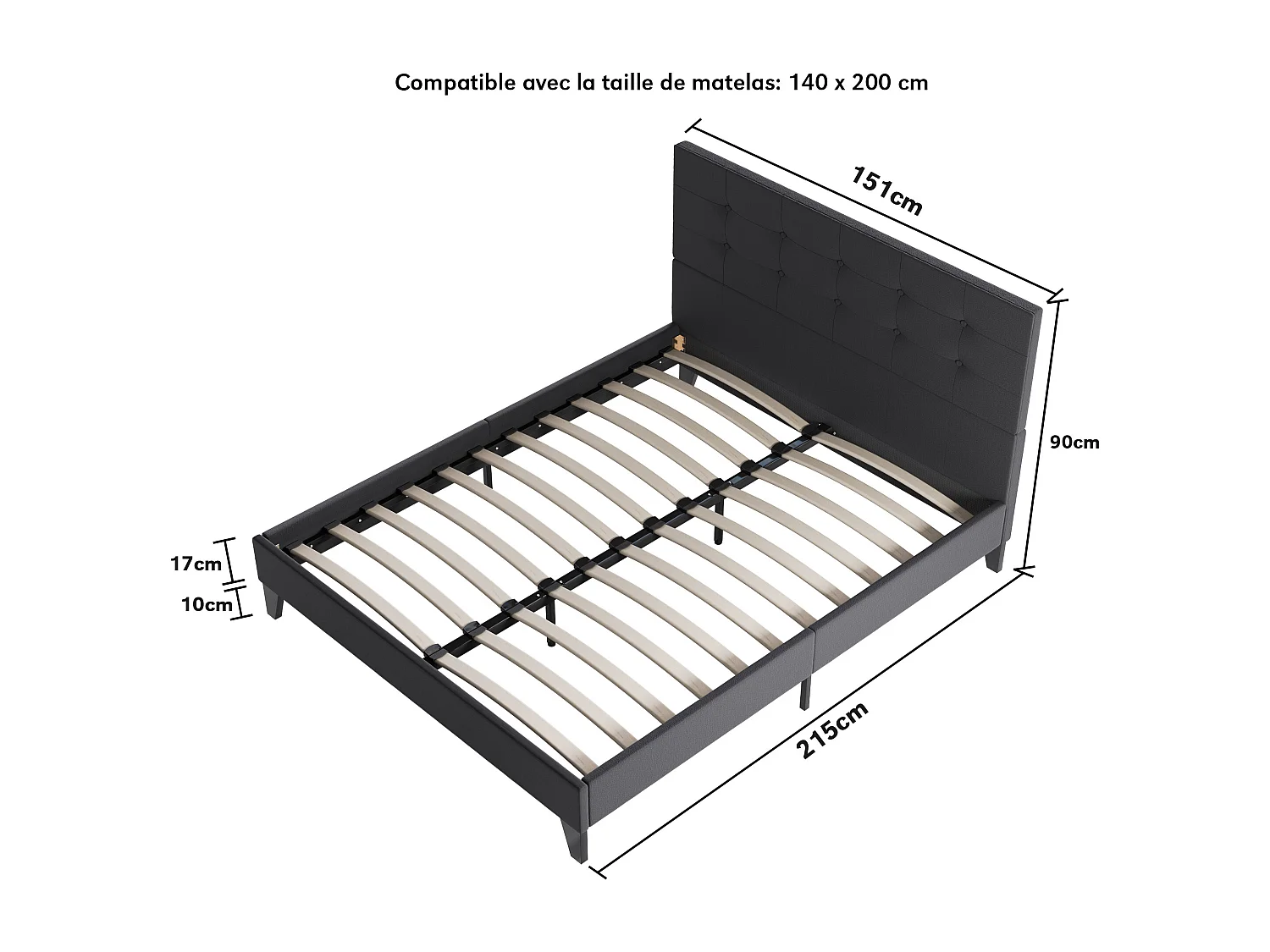 Lit 140x200 cm avec tête de lit tissu couleur noir