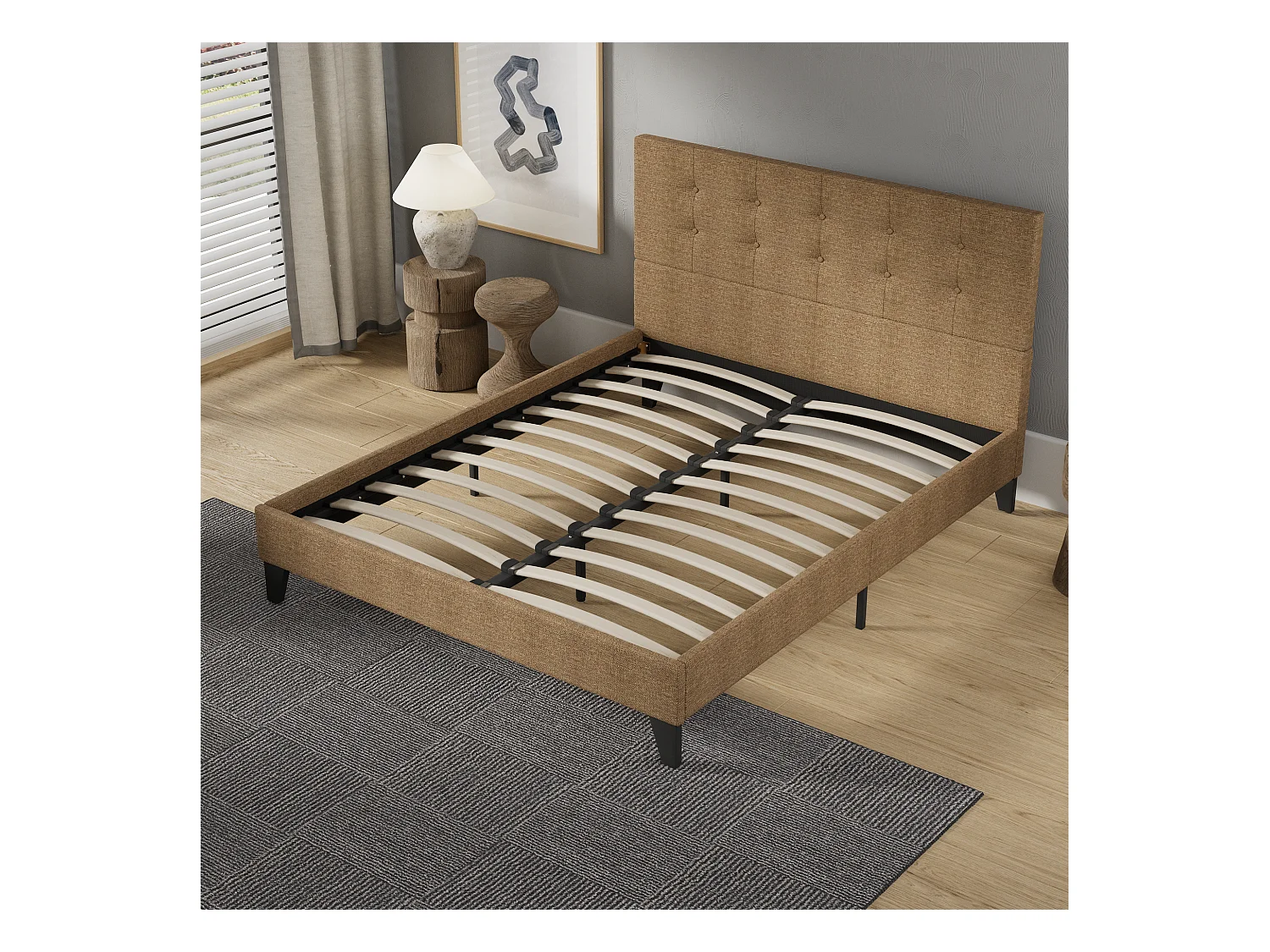 Lit 140x200 cm avec tête de lit tissu couleur brun