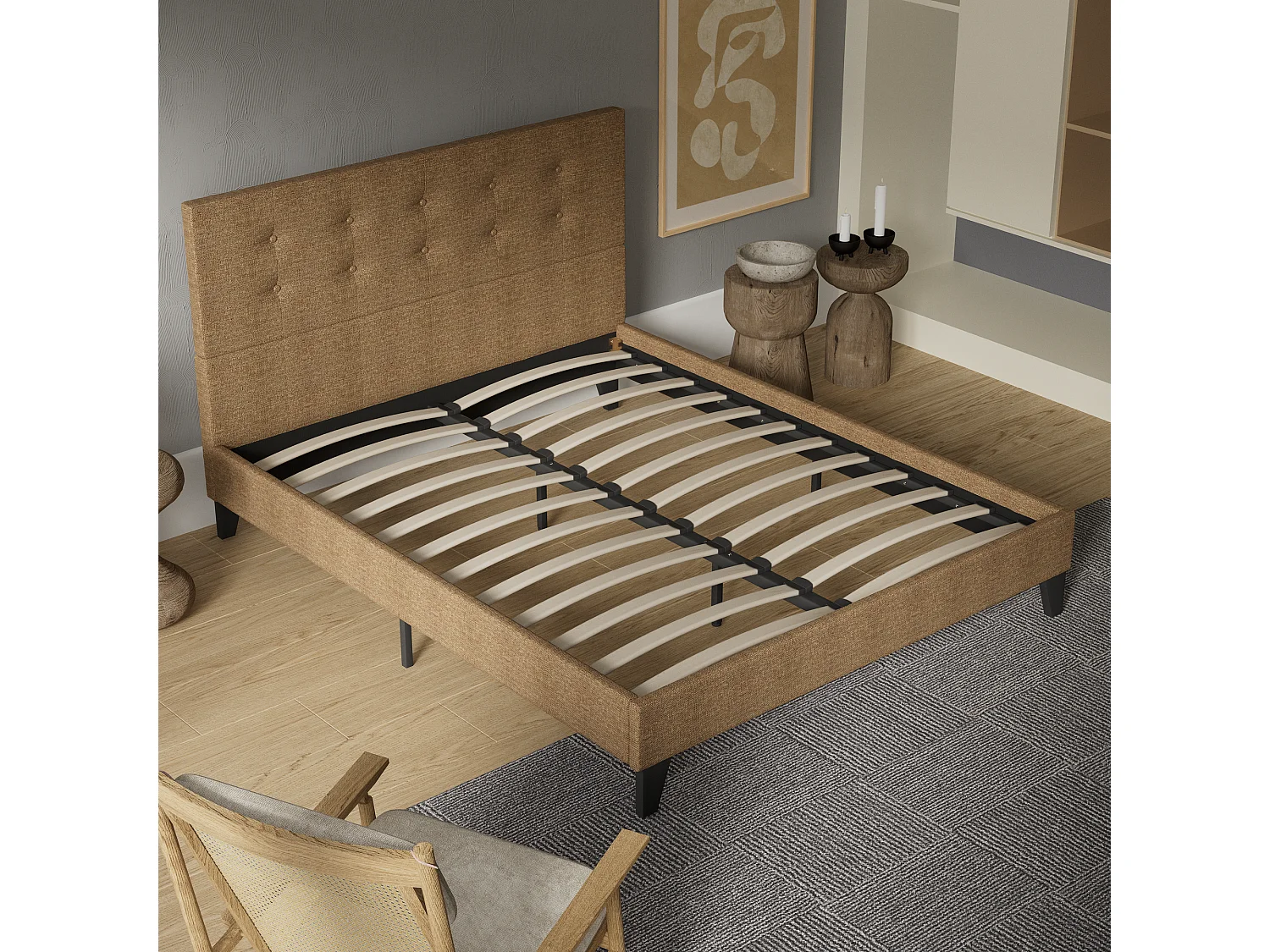 Lit 140x200 cm avec tête de lit tissu couleur brun