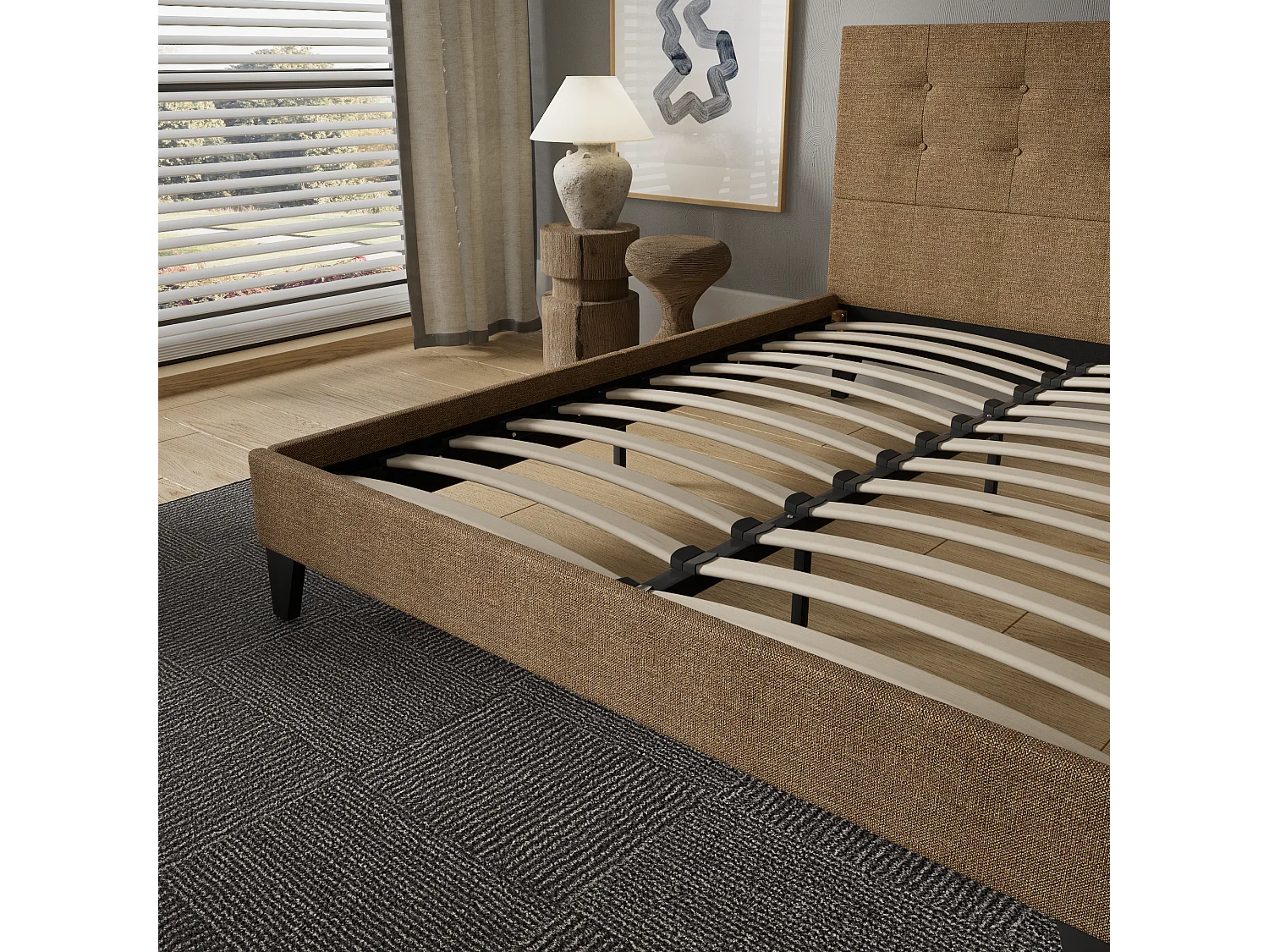 Lit 140x200 cm avec tête de lit tissu couleur brun