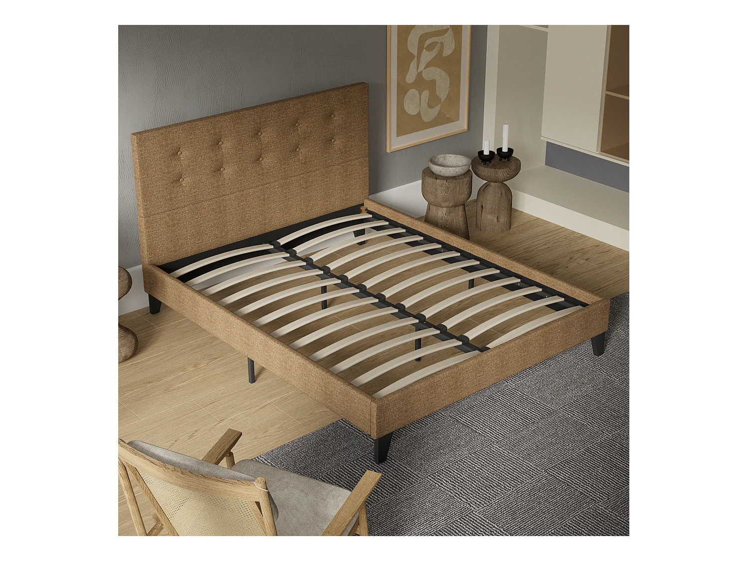 Lit 140x190 cm avec tête de lit tissu couleur brun