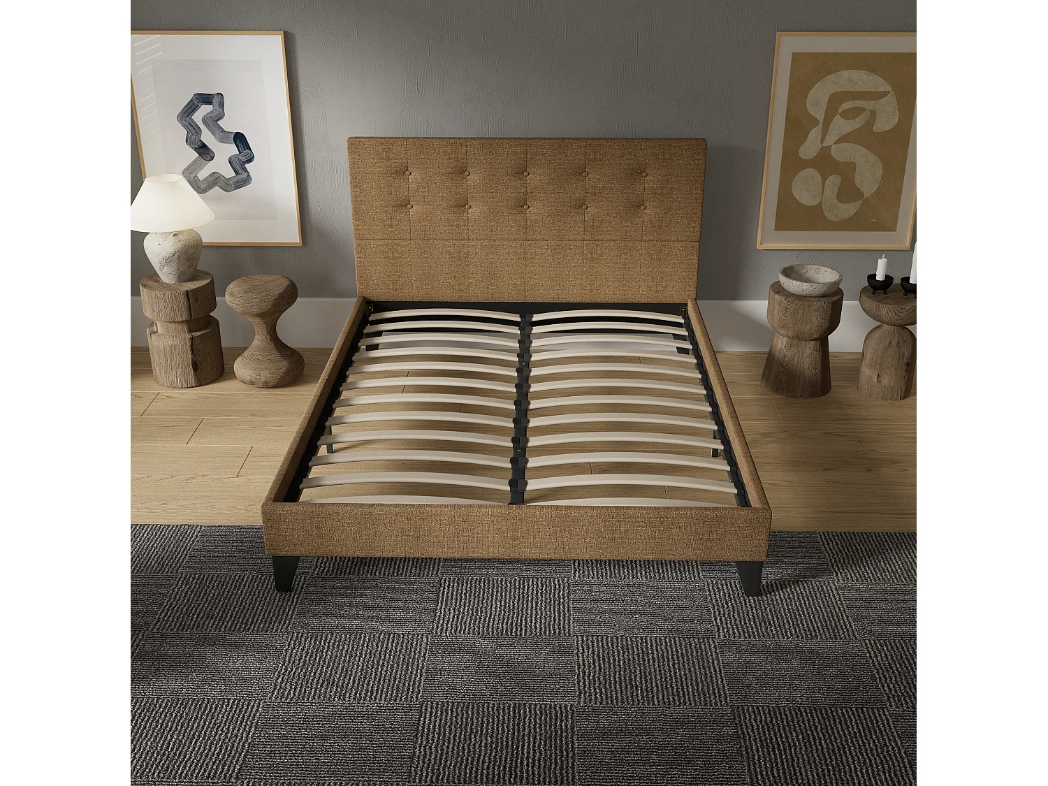 Lit 140x190 cm avec tête de lit tissu couleur brun