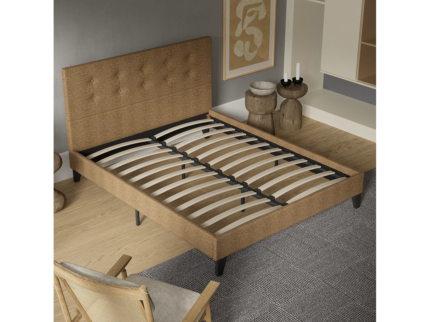 Lit 140x190 cm avec tête de lit tissu couleur brun