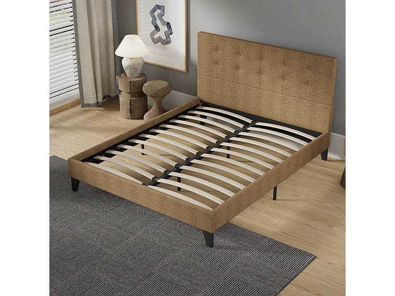 Lit 140x190 cm avec tête de lit tissu couleur brun