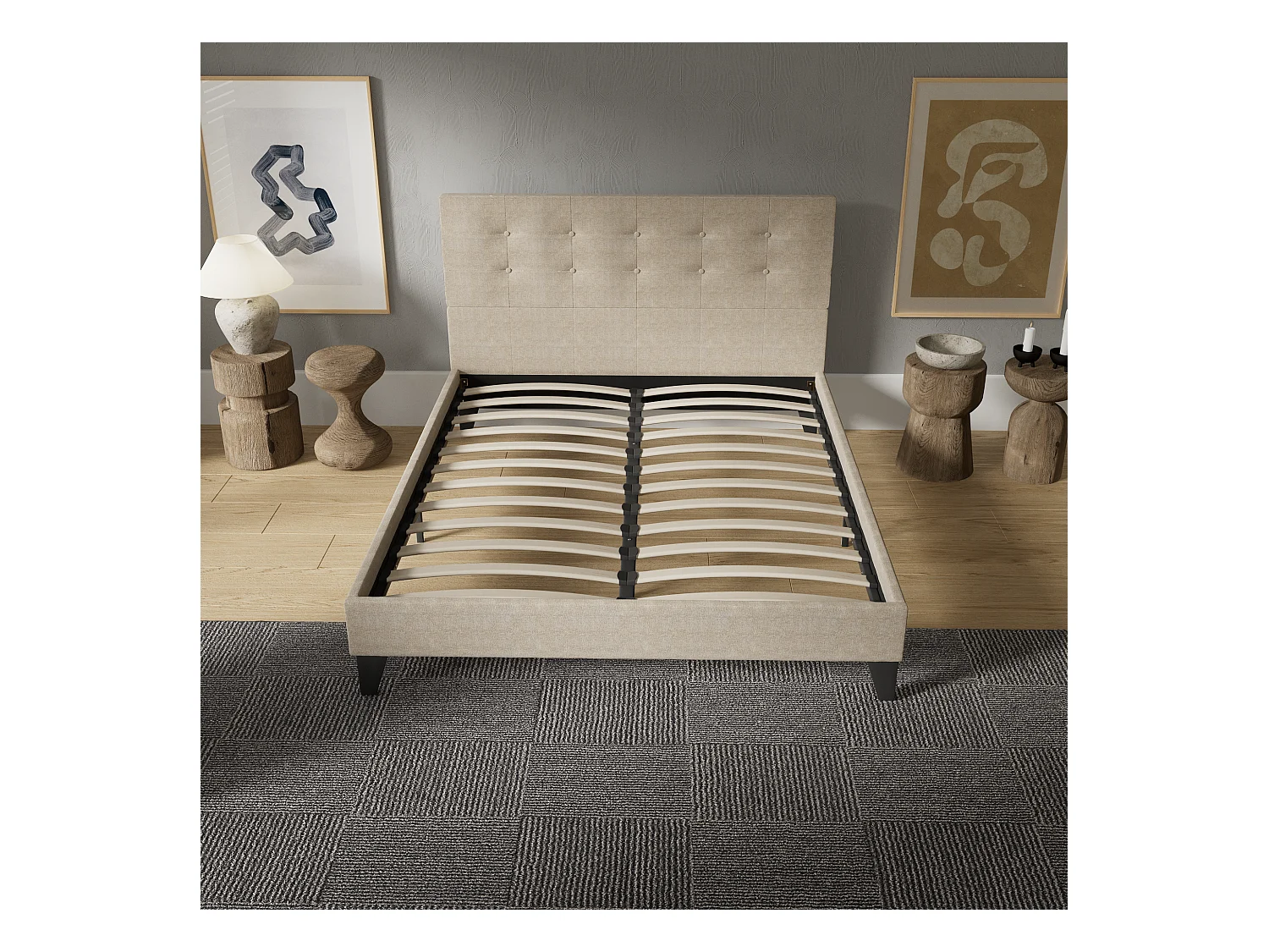 Lit 140x200 cm avec tête de lit tissu couleur lin