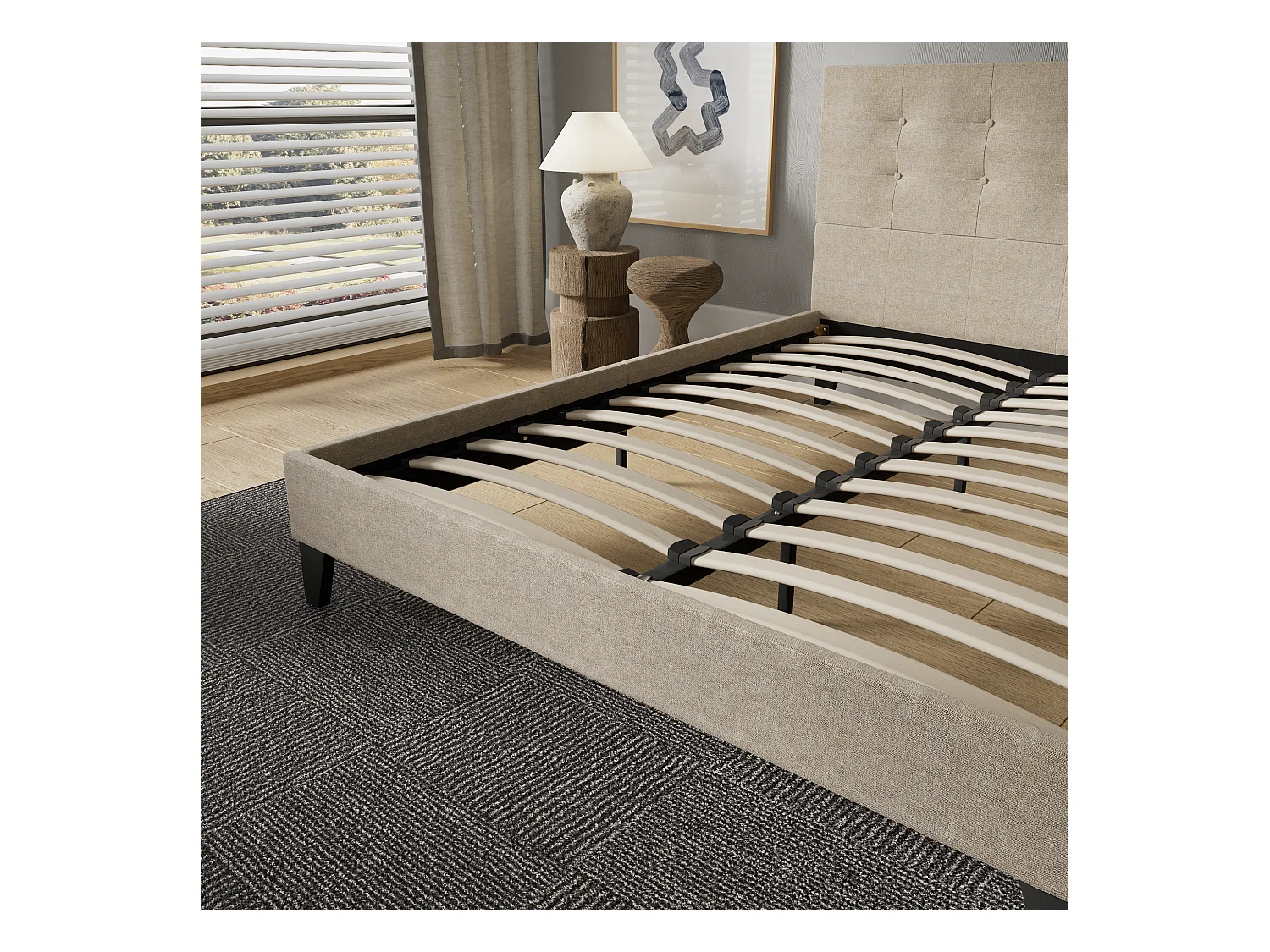 Lit 140x200 cm avec tête de lit tissu couleur lin