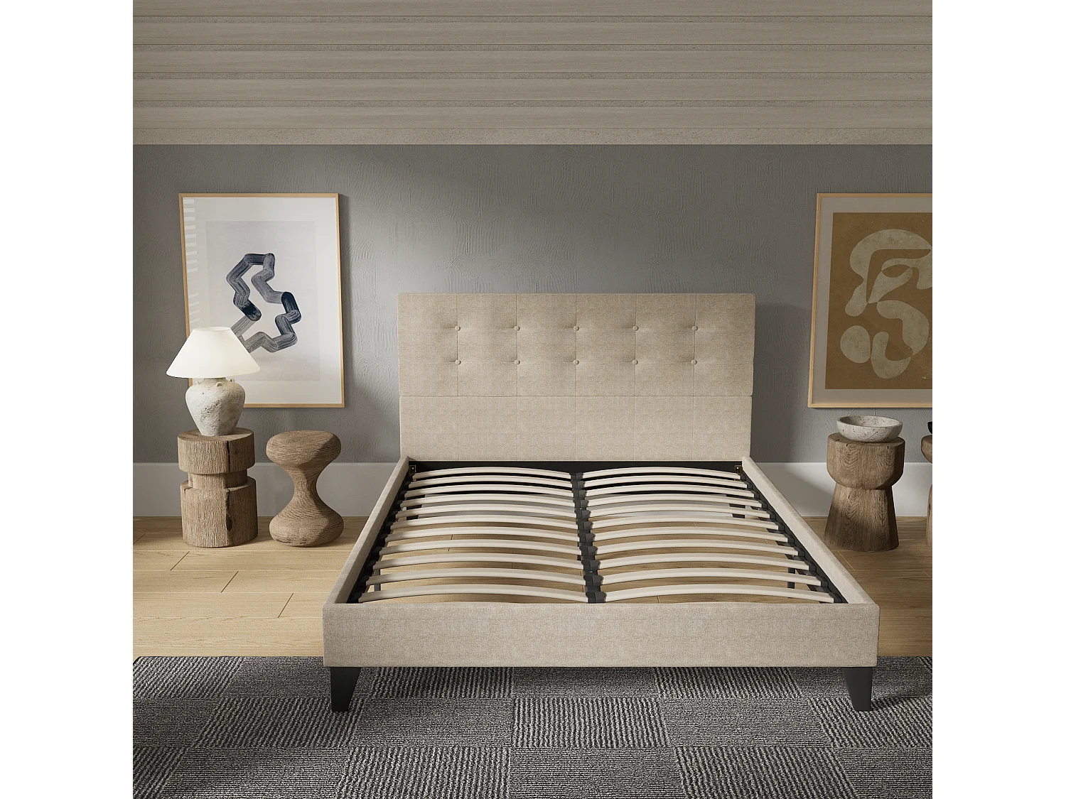 Lit 140x200 cm avec tête de lit tissu couleur lin