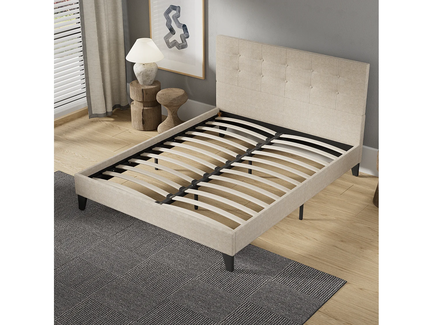 Lit 140x200 cm avec tête de lit tissu couleur lin