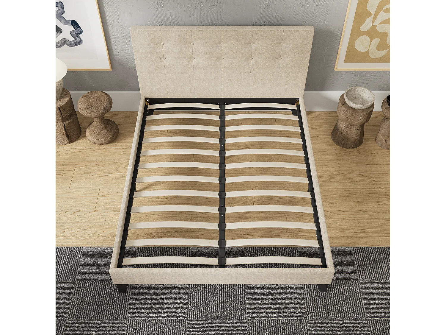 Lit 140x200 cm avec tête de lit tissu couleur lin