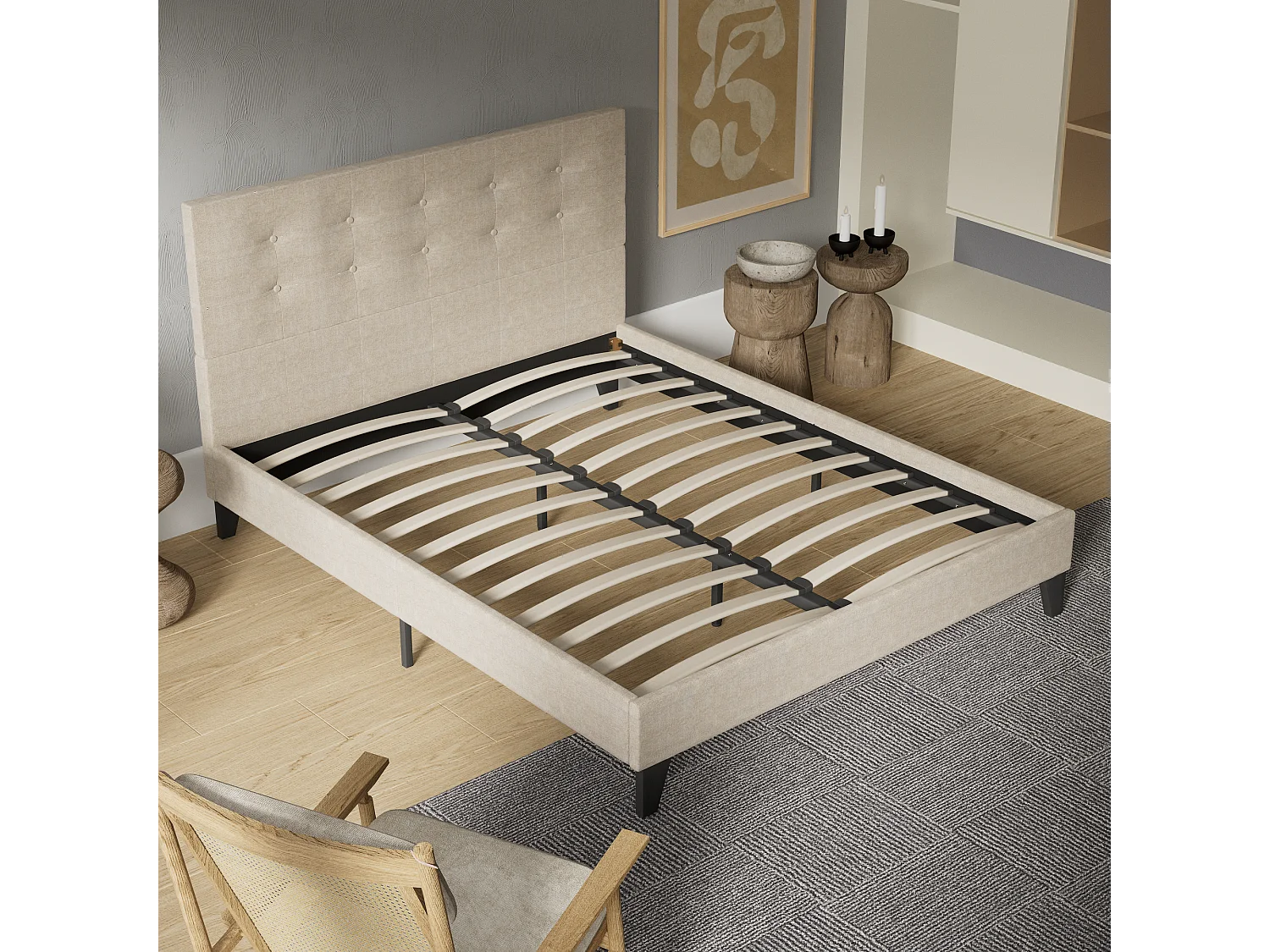 Lit 140x200 cm avec tête de lit tissu couleur lin