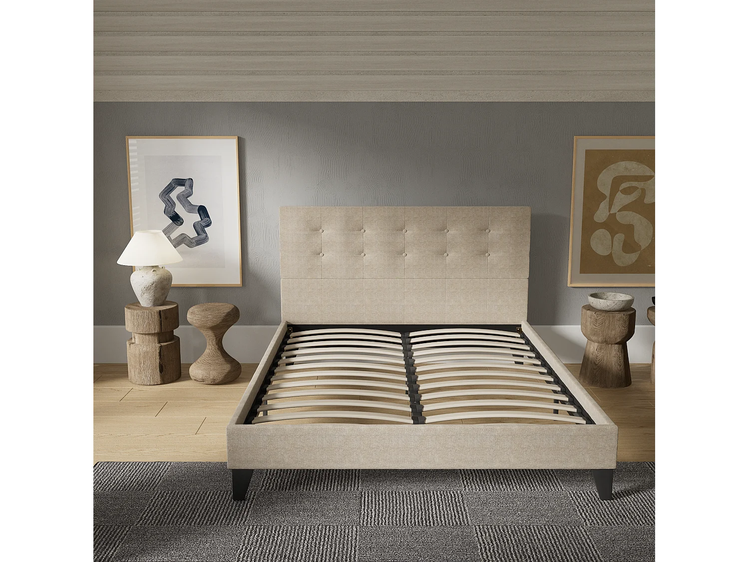 Lit 140x200 cm avec tête de lit tissu couleur lin