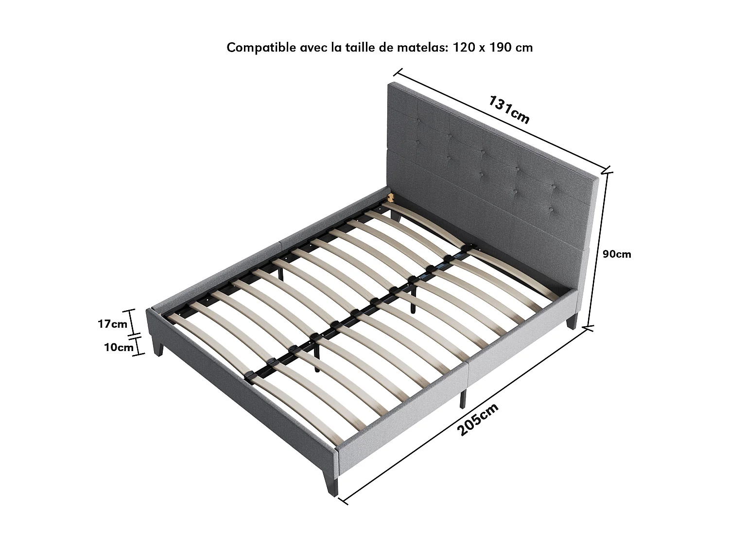 Lit 120x190 cm avec tête de lit tissu couleur gris