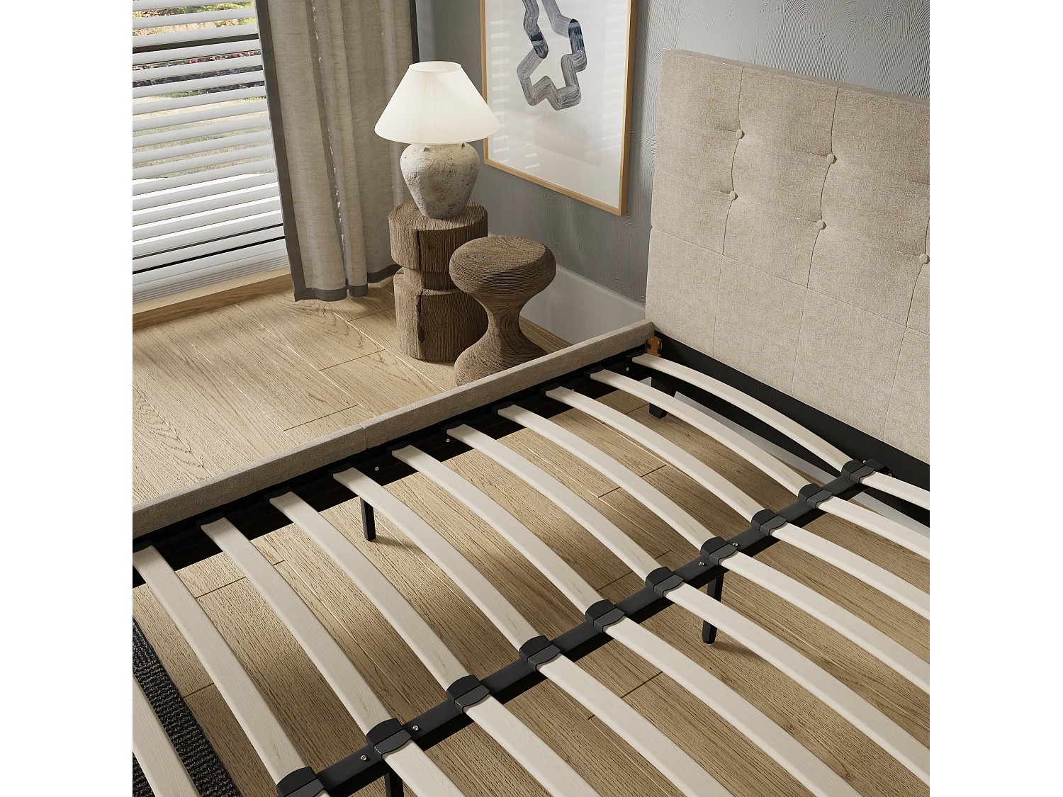 Lit 120x190 cm avec tête de lit tissu couleur lin