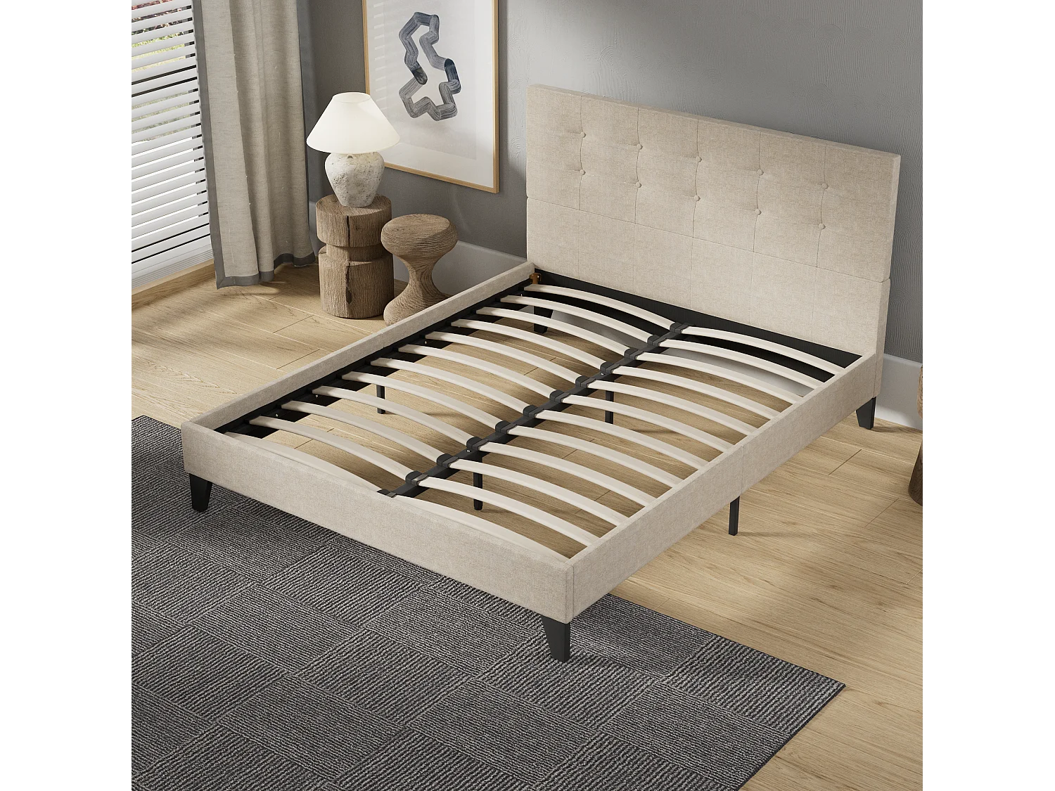 Lit 120x190 cm avec tête de lit tissu couleur lin