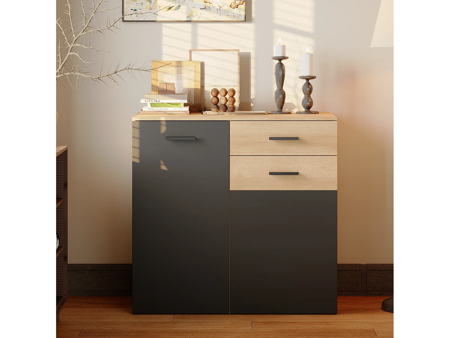 Armoire de rangement basse en Gris foncé&Bois,3 étagères,2 portes,idéale pour chambre salon,dispositif anti-basculement,90x45x85cm