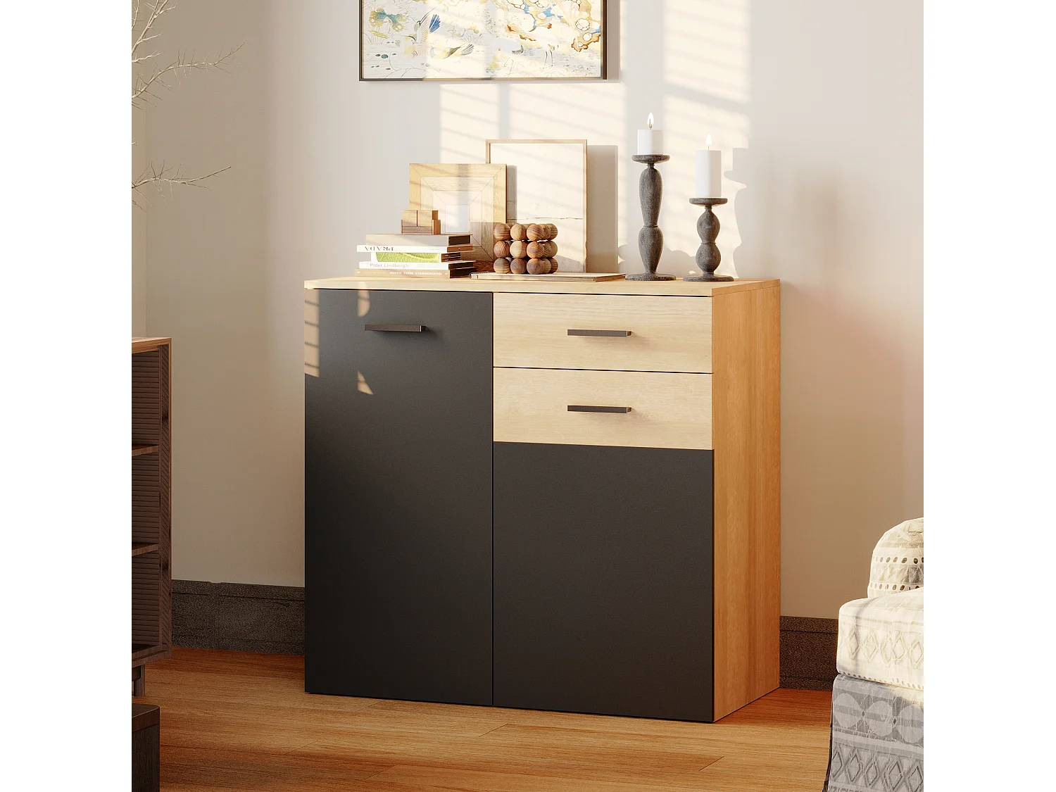 Armoire de rangement basse en Gris foncé&Bois,3 étagères,2 portes,idéale pour chambre salon,dispositif anti-basculement,90x45x85cm