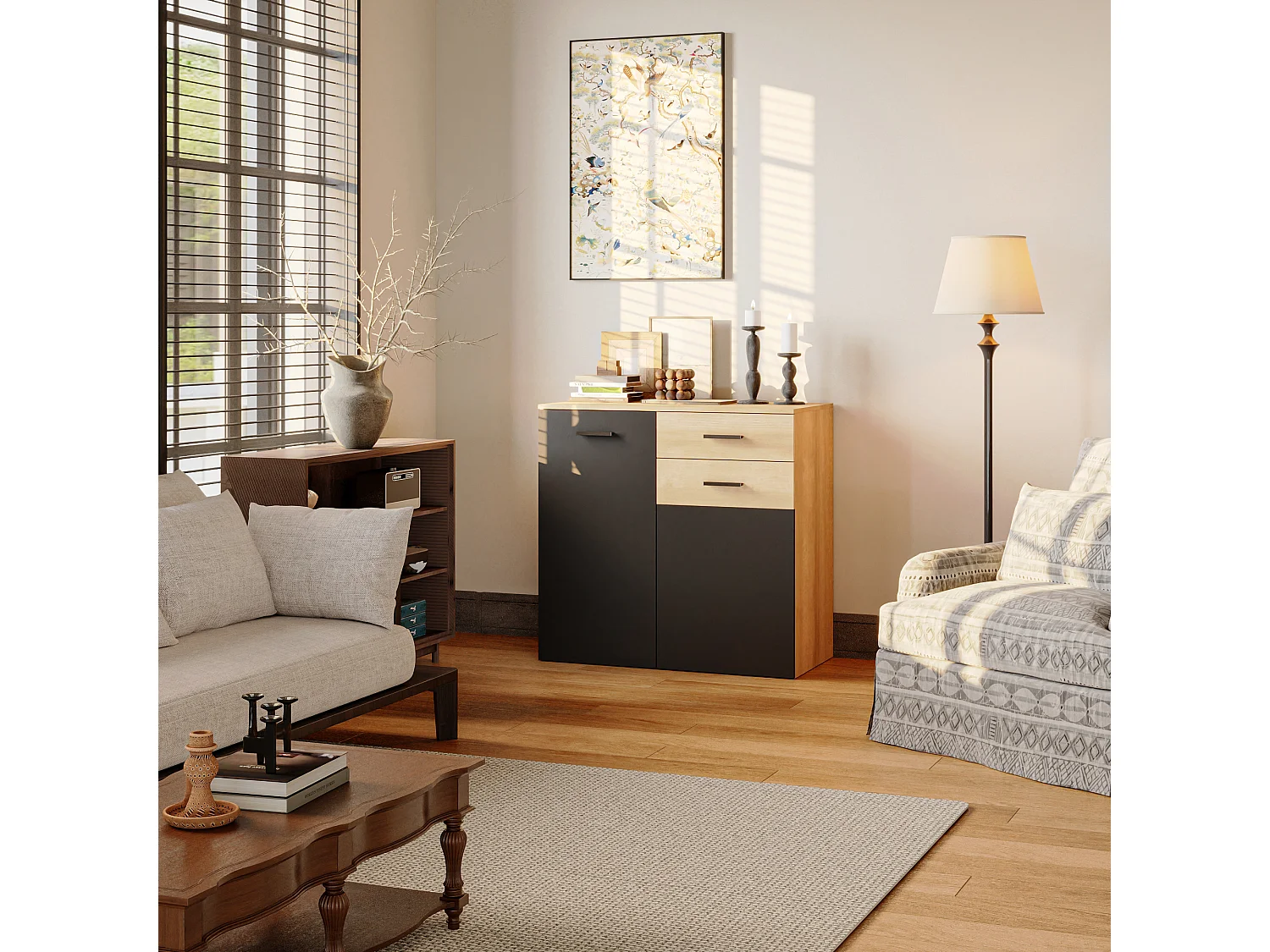 Armoire de rangement basse en Gris foncé&Bois,3 étagères,2 portes,idéale pour chambre salon,dispositif anti-basculement,90x45x85cm