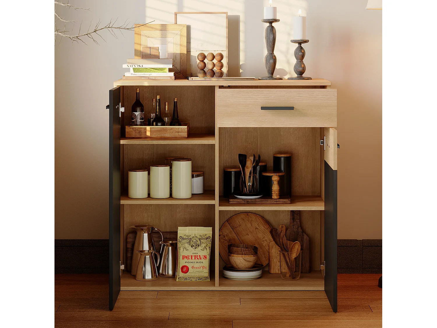 Armoire de rangement basse en Gris foncé&Bois,3 étagères,2 portes,idéale pour chambre salon,dispositif anti-basculement,90x45x85cm