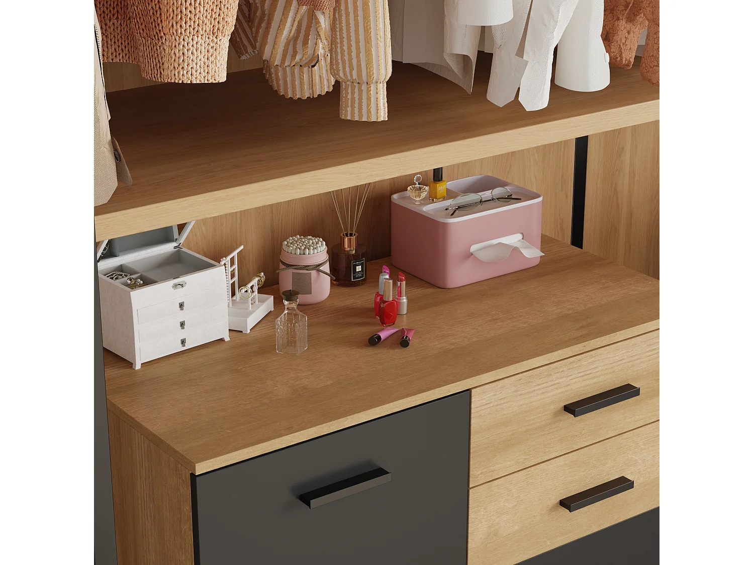 Armoire de rangement basse en Gris foncé&Bois,3 étagères,2 portes,idéale pour chambre salon,dispositif anti-basculement,90x45x85cm